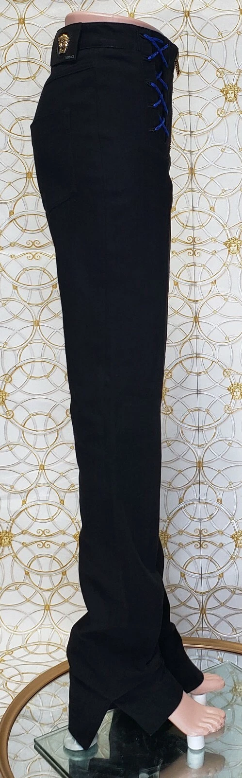 NUOVI JEANS STRETCHY NERI VERSACE con ALLACCIATURA BLU taglia 28