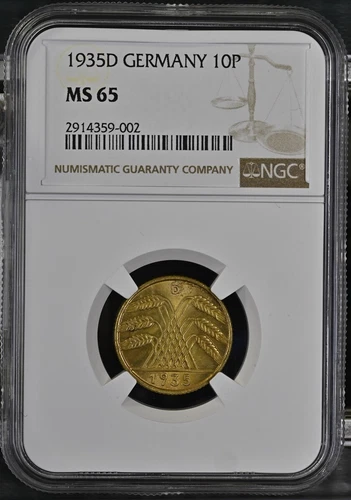 Germany Weimar Republic 1935 D 10 Reichspfennig, KM# 40, NGC MS 65