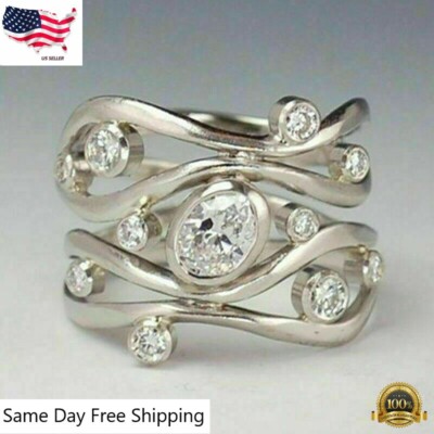 Hollow Geometric Ring Zircon Engagement Sz 8 Plated Ring Cubic Zircon 925 Silver
