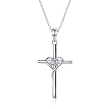 Solid Sterling Silver Clear CZ Cross Heart Pendant Necklace 18" Gift Box I68