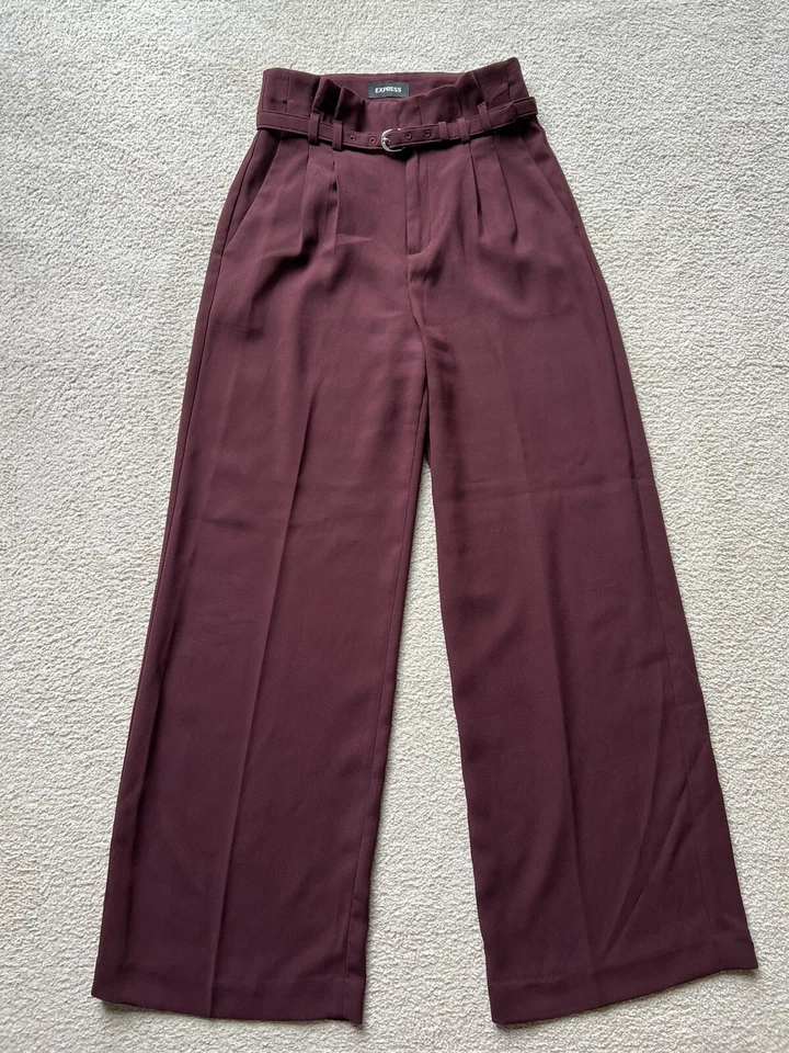 Express Womens Wide Leg High Rise Burgundy Pants Trousers Belted Fitted Waist 2