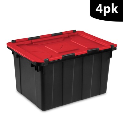 Sterilite 12 Gallon Hinged Lid Industrial Tote, Stackable Storage Bin, 4 Pack