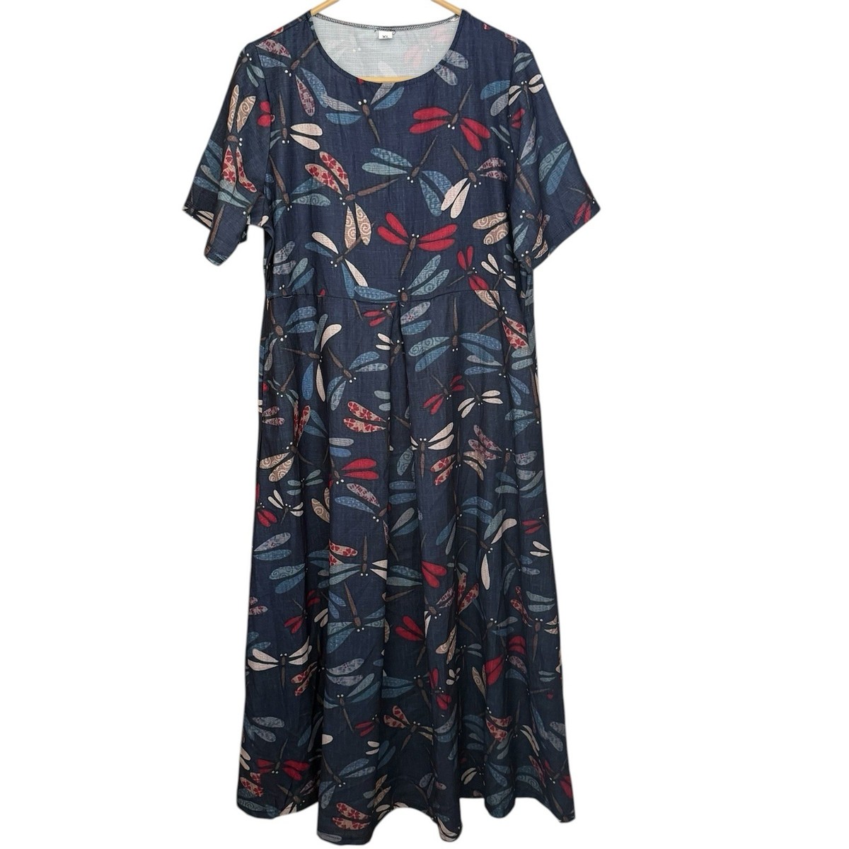 Blue Dragonfly Print Short Sleeve Boho Maxi Dress XL Pockets Flowy Casual Artsy