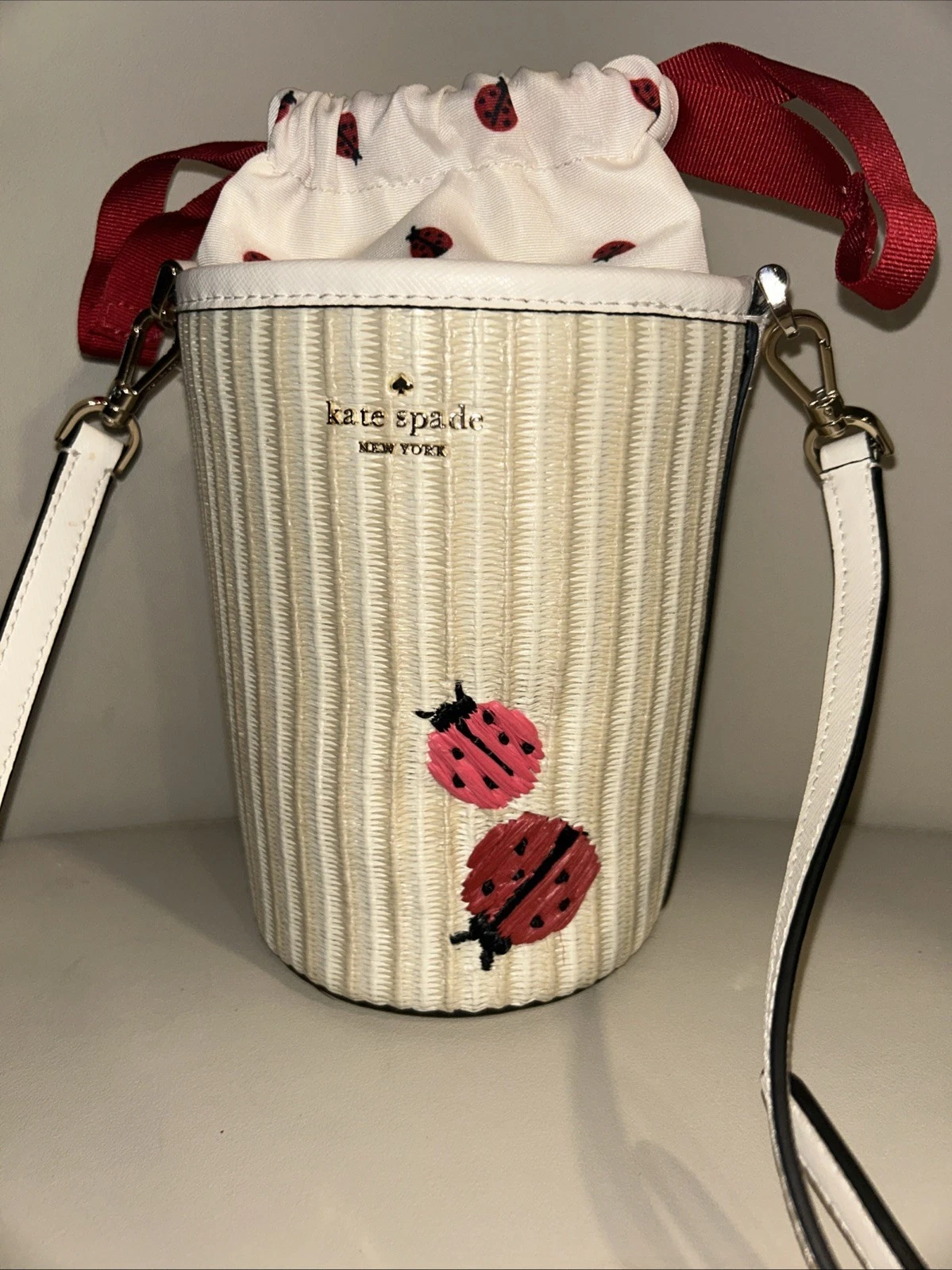 BORSA A TRACOLLA SECCHIELLO CILINDRO COCCINELLA IN PAGLIA RICAMATA KATE SPADE
