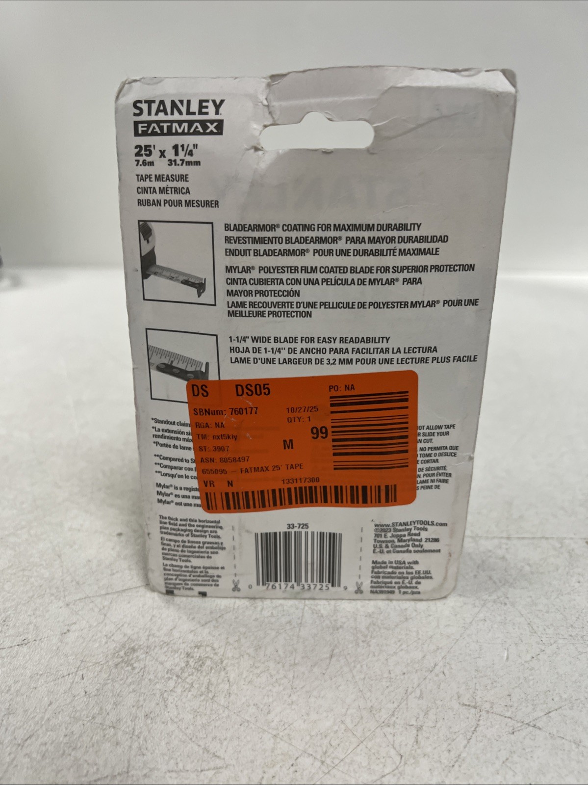 STANLEY FATMAX Tape Measure 25-Foot (33-725) Black, Yellow 7.6 m