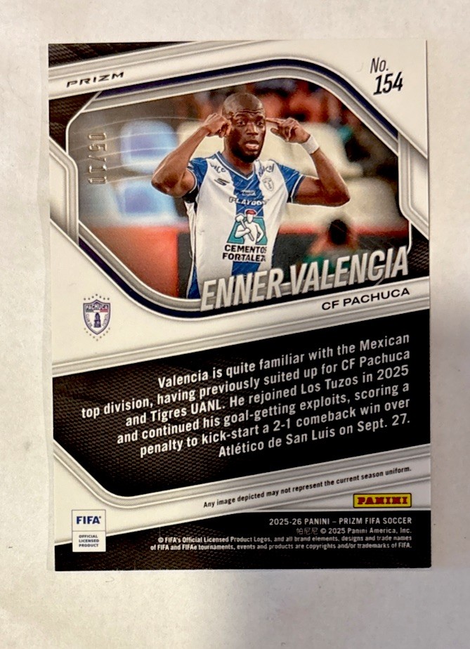 2025-26 Panini Prizm FIFA Enner Valencia Gold Pulsar Prizm Pachuca SSP /10 Read view 4