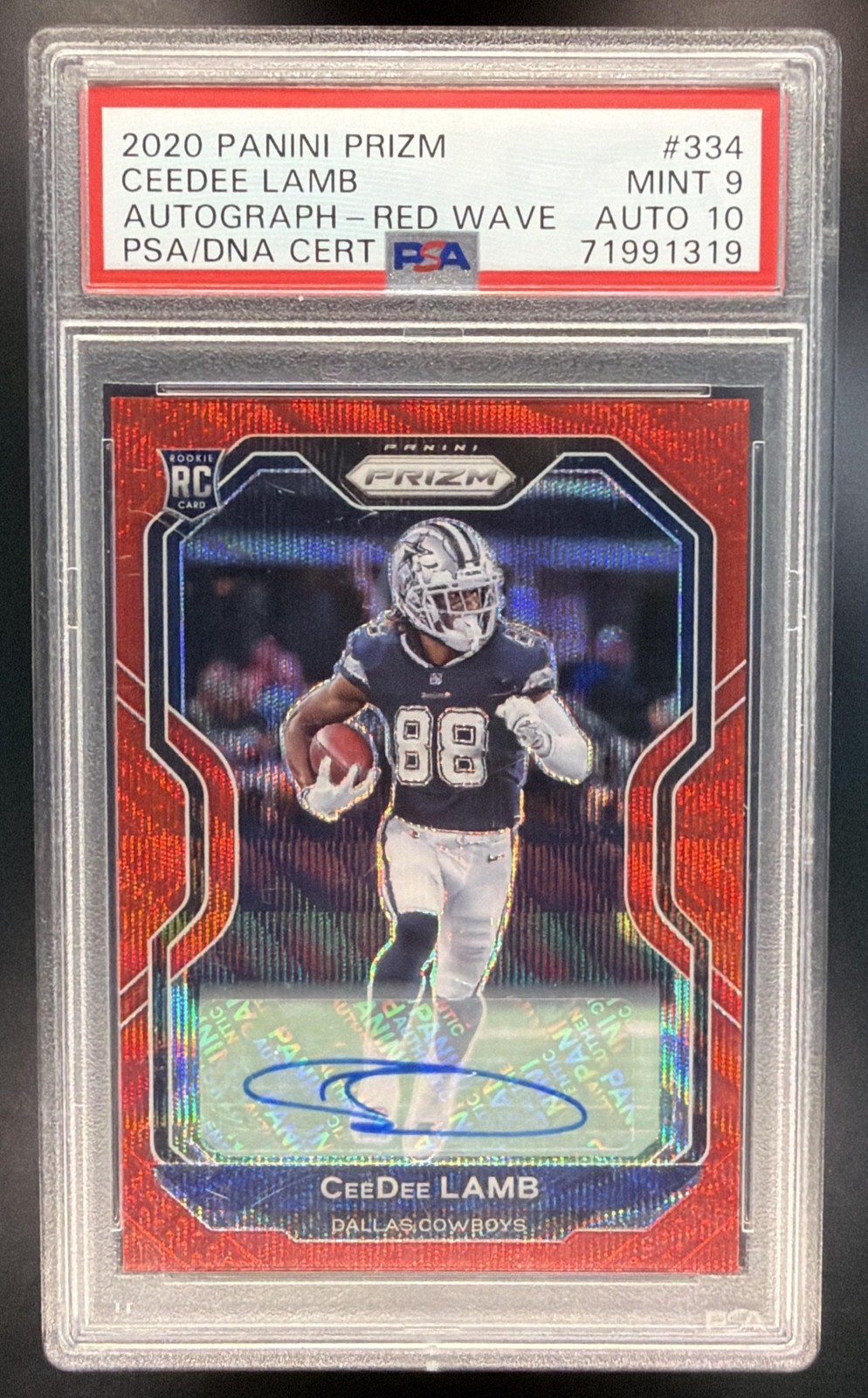 2020 Panini Prizm CeeDee Lamb #334 Rookie Auto Red Wave /149 RC Cowboys PSA 9
