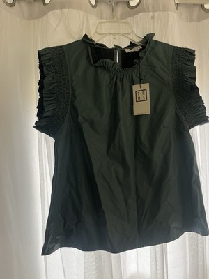 THML teal blue Ruffle Sleeve Blouse high  class work trip date top faux leather 
