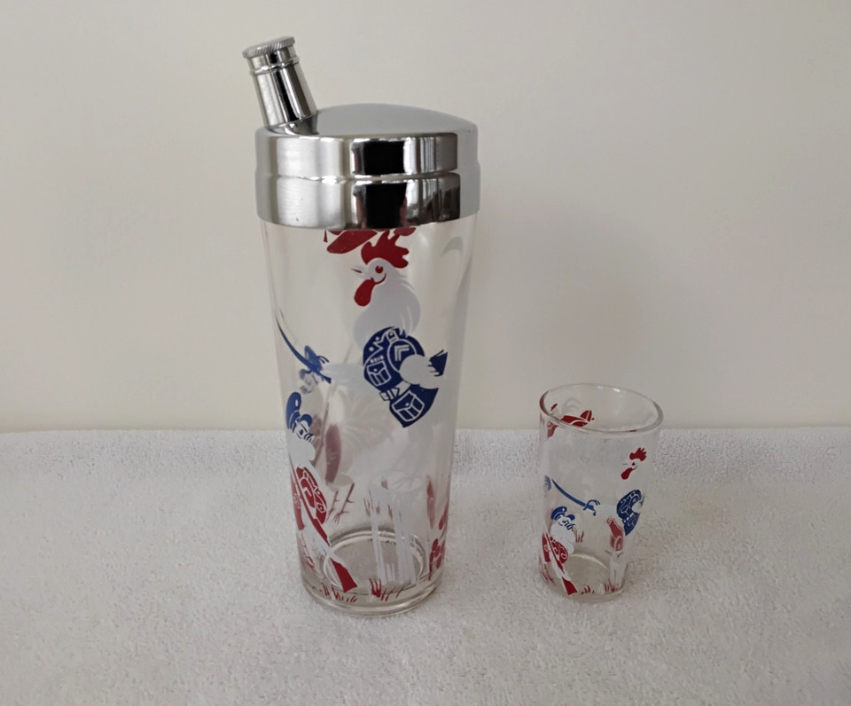 A 1930s prohibition-era cocktail shaker featuring roosters in military dress — a genuinely bizarre and beautiful piece of American barware history.