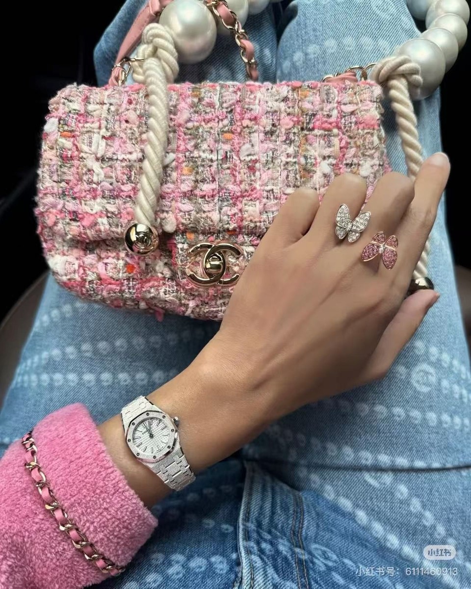 Chanel Tweed Flap Pearl Handle Small Pink Bag auth | eBay