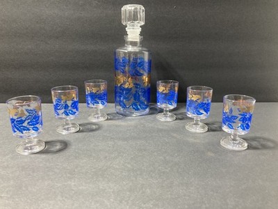 VTG MCM Luminarc Decanter & 6  Footed Shot Glasses France Cobalt Blue Gold Leaf
