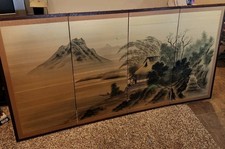 Japanese 4 Panel Folding Screen Asian Byobu Painted 70x36 Antique