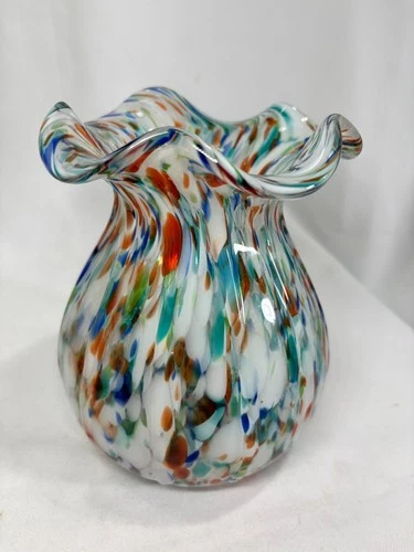 Vtg. Murano Ruffled Glass Vase Hand Blown Italian Art Glass  7.5"  Confetti