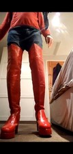 Men's Red Glossy Leather Lacquer Thigh High Platform Boots UK Size 11