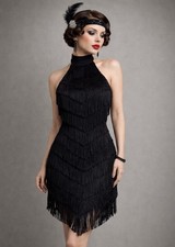Vintage 90s Guess Collection Womens Dress Sz 2 Black Fringe Flapper Halter Party