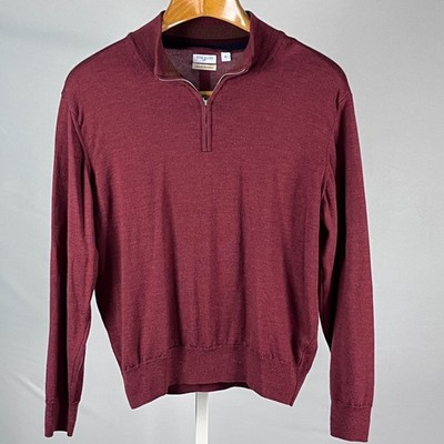 Merino Wool Sweater Mens XL Quarter Zip Pullover Red Fine Knit Italy Tom James
