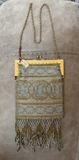 1920s Art Deco Mesh Purse Micro Beads Fringe Flapper Satin Lining  Tags France