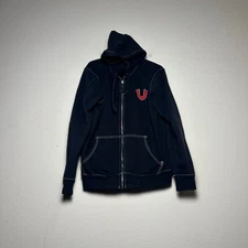 True Religion Embroidered Red Stitched Hoodie Men L Zip Hooded Y2K Sweater