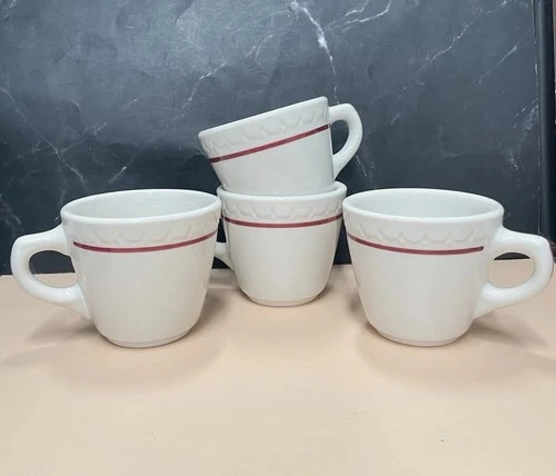 Syracuse China Restaurant Ware 1959 Red Stripe Econo-Rim Coffee Cups Set of 4