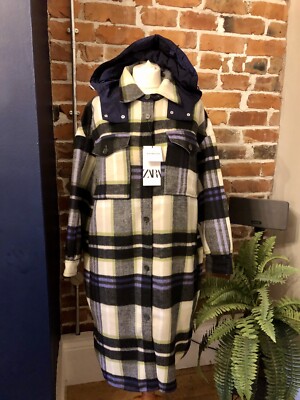 ZARA Wool Check Oversized Shacket Jacket Detachable Hood MEDIUM BNWT  UK