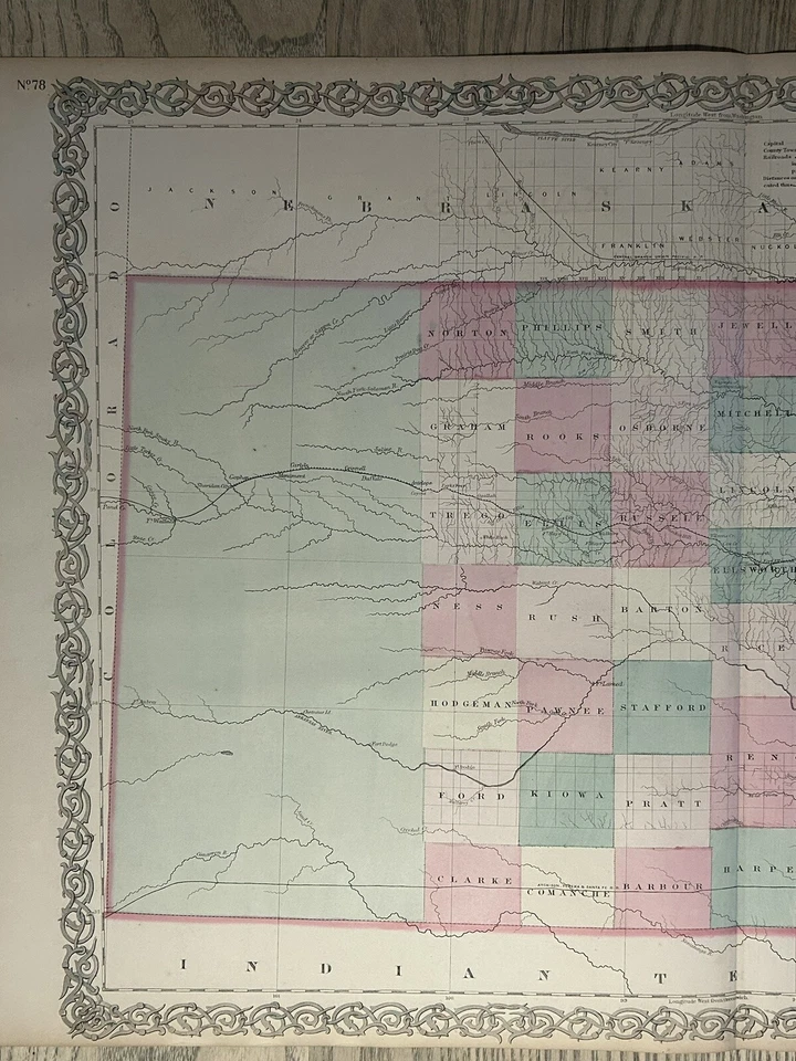 Mapa antiguo coloreado a mano original de Colton's Kansas 1870 28" x 17" Foto 2 de 3