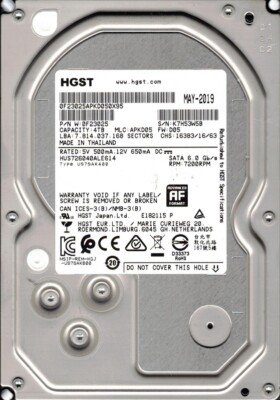 HUS726040ALE614 P/N: 0F23025 MLC: APKD05 Thailand MAY-2019 4TB HGST