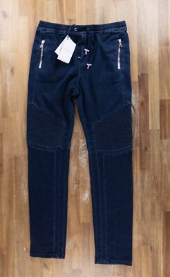 $899 BALMAIN Paris slim fit tapered denim effect biker sweatpants 