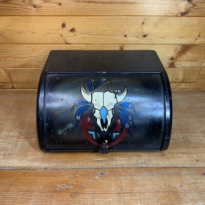 Vintage Original Ransburg Black Metal Roll Top Bread Box Hand Painted Southwest