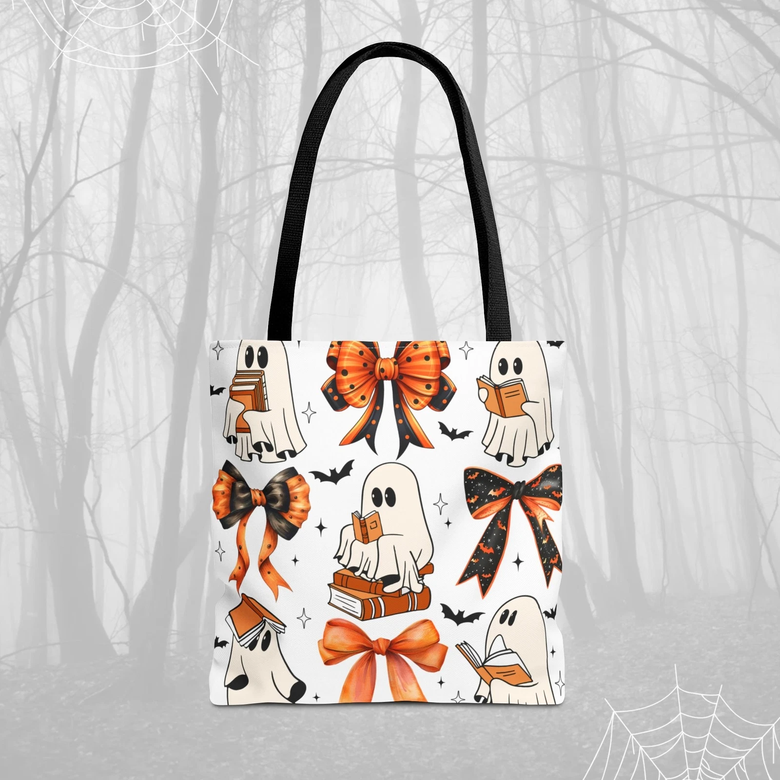 Tote Bag with Cute Ghost & Coquette Bow Design Halloween Accessory