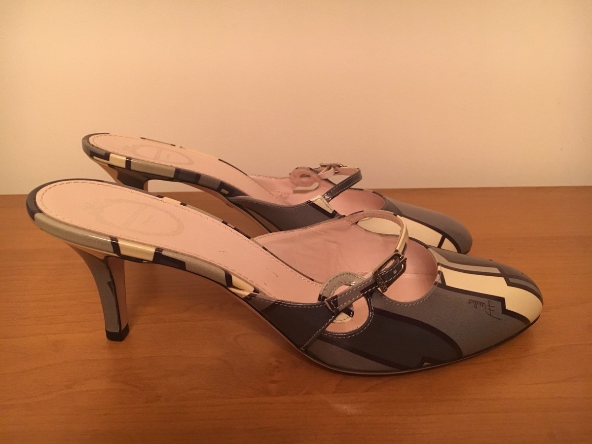 NWB EMILIO PUCCI Grey Ivory Print Leather Patent Slides Shoes sz