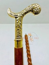 Elegant Engraved Brass Handle Walking Stick with Spiral Wooden Shaft   Detachabl