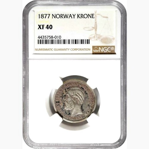 1877 Norway 1 Krone, NGC XF 40, Key Date of the Series - Picture 3 of 4