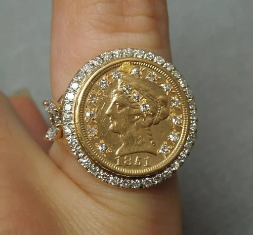 3.00Ct Round Cut Moissanite 1851 Dollar Coin Vintage Ring 14K Yellow Gold Plated