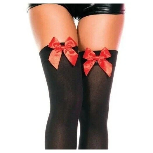 Medias Disfraz Halloween Piernas Música Rojo/Negro Satinado Arco Opaco Muslo Alto OSFM Foto 3 de 3