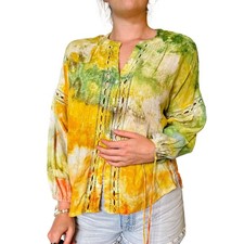 Ice Dyed Green & Yellow Cotton Gauze Blouse Tie Dye Reworked Upcycled