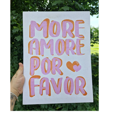 Keilrahmen Leinwand mit Handlettering  MORE AMORE POR FAVOR  Pink/Orange