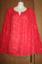 Style & Co Coton Red w/Metallic Stripes Henley Neck LS Pleated Pullover Top L