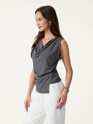 OGLmove Womens Sleeveless Cowl Neck Top Asymmetrical Blouse, Battleship Grey, FS