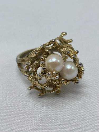 VINTAGE MCM JOSEPH ESPOSITO ESPO 18kt GOLD Filled 2 PEARLS BIRDS NEST RING 5 3/4