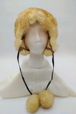 VTG 70's Leather Fur Hat w Bobble Ties Lamb Skin Ladies Pom Pom Balls Read 