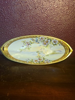 Antique Nippon Hand painted Celery Dish Gold Gilded Flowers & Coastline Scene EC