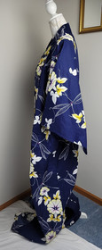 Japanese Style Kimono Cotton Yukata Blue Floral Dragonfly NO Belt 63" Long