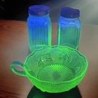 Vintage Westmoreland Uranium Green Depression Glass Set Salt/Pepper Nappy Bowl