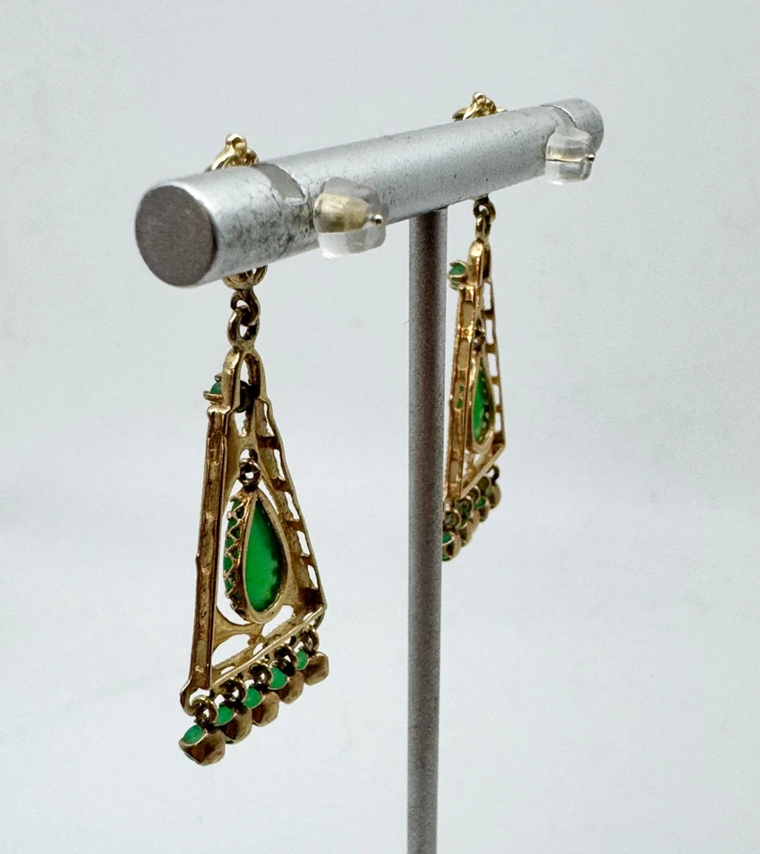 Pendientes Poste Cabujón Lágrima Jade Oro Amarillo 14k Renacimiento Victoriano Años 60 Foto 4 de 4