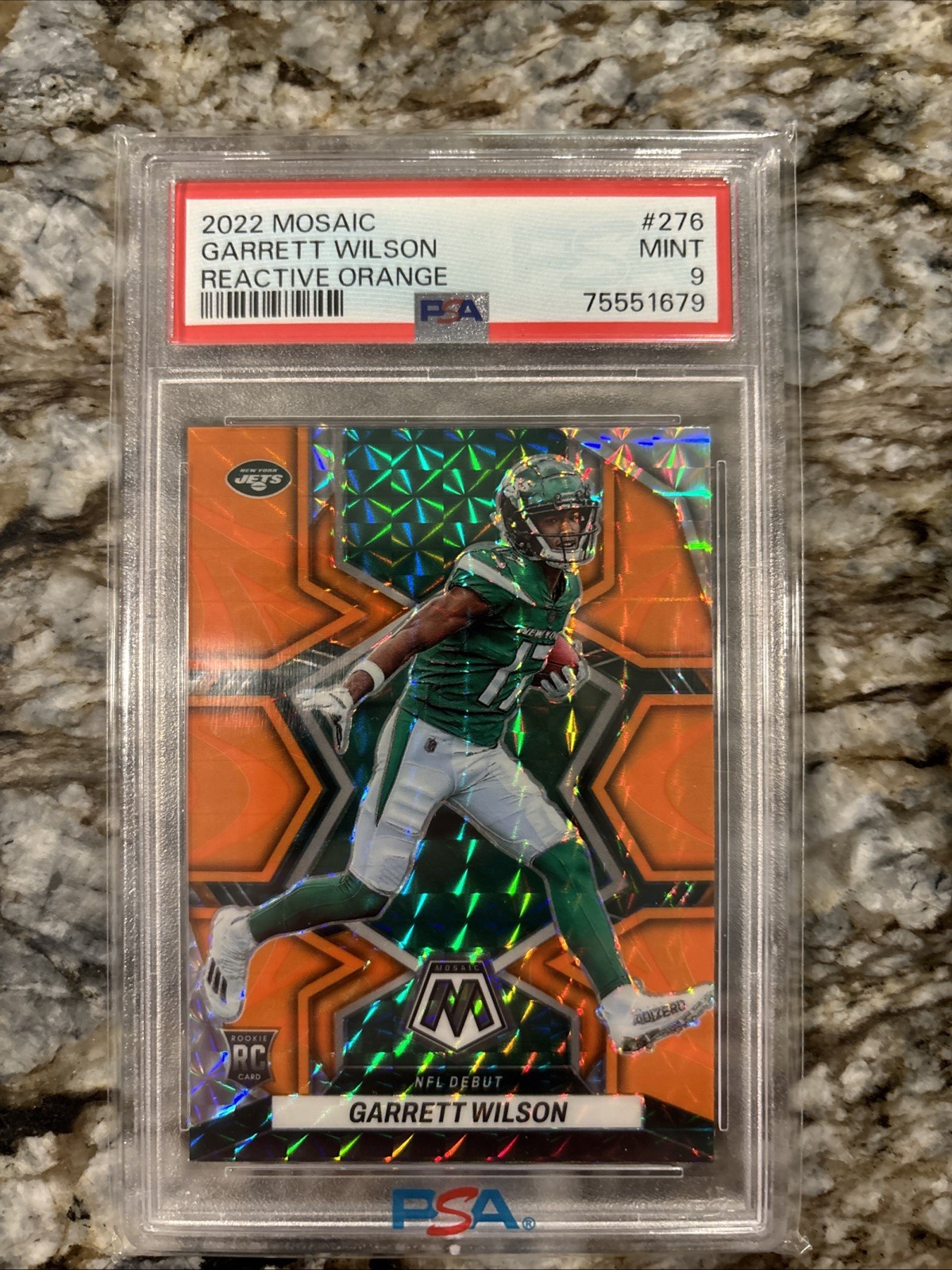 2022 Panini Mosaic GARRETT WILSON Rookie Orange Reactive Prizm #311 Jets PSA 9