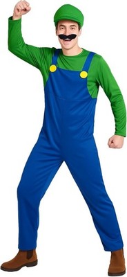 Adult Super Mario Brothers Costume Men`s Luigi Green Plumber Outfit Hat Mustache