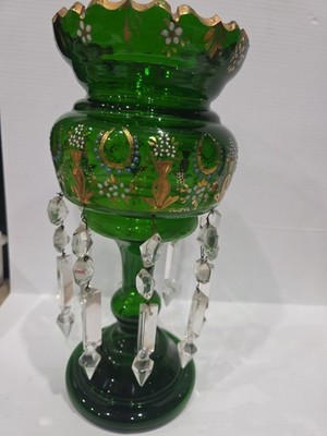 Antique Victorian Emerald Green Gilt Glass Mantle Lustre Vase Crystal Droplets 