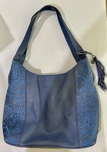 THE SAK SOFT BLUE LEATHER TOTE WITH FLORAL EMBROIDERY~TRIPLE COMPARTMENT