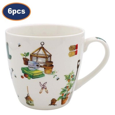 6er Set Green Fingers Fine China 450ml Becher Kaffee Tee Garten Motiv Runde Tassen