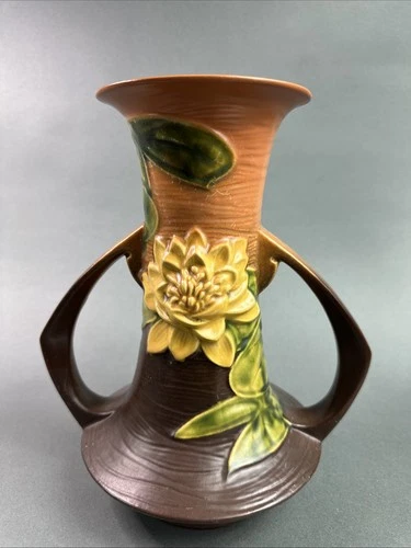 Vtg Roseville Water Lily Vase 80-10 Double Handle Green Brow 10” Art Pottery USA
